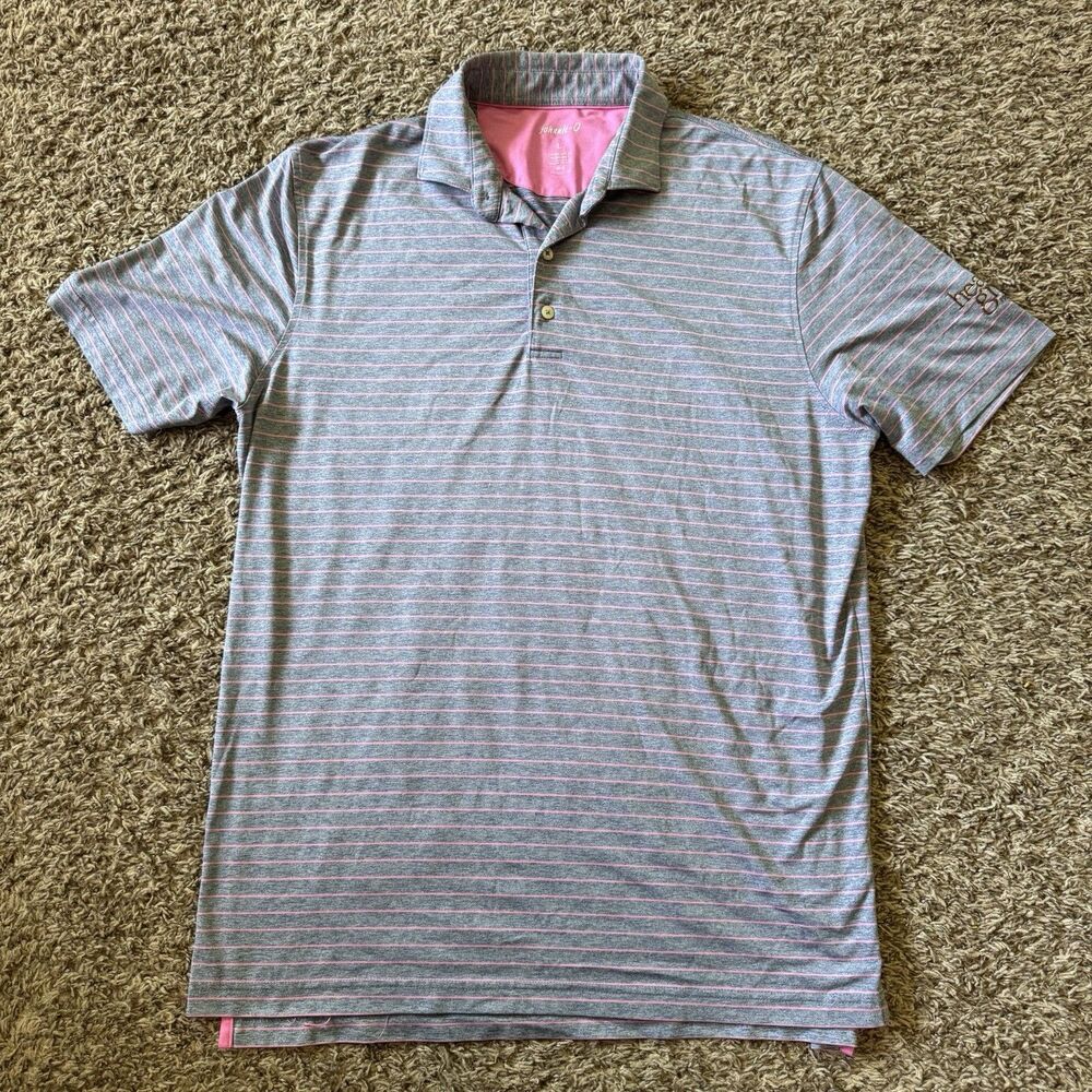 Johnnie-O Polo Shirt Mens Large UPF 50 Pink Gray Striped Golf Logo